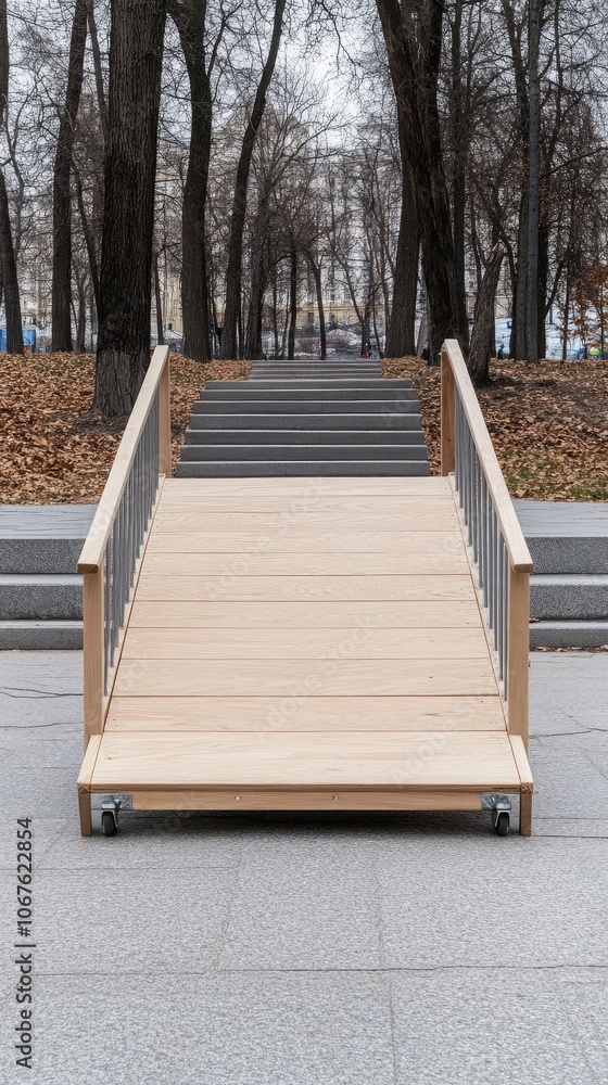 Accessible wooden ramp with metal handrails leads to playground near concrete steps in a tranquil school setting Accessible wooden ramp with metal handrails leads to playground near concrete steps in a tranquil school setting