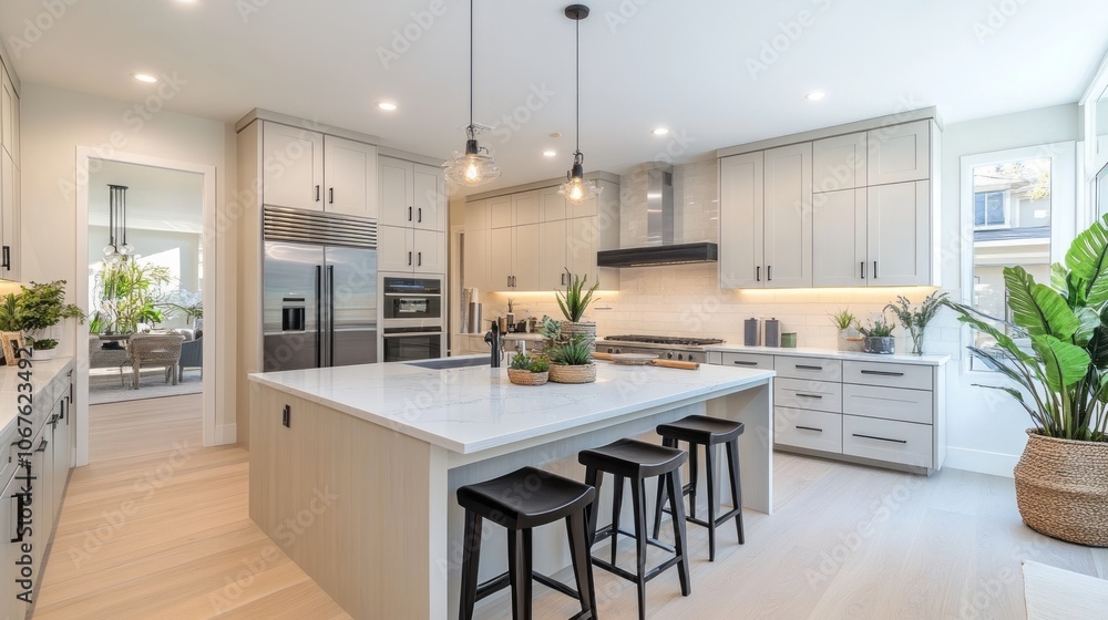 Modern Kitchen Island with White Cabinets, Stainless Steel Appliances, and Black Stools Modern Kitchen Island with White Cabinets, Stainless Steel Appliances, and Black Stools