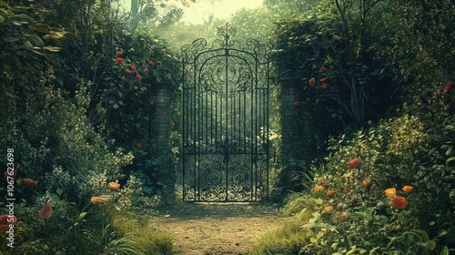 A wrought iron gate opens into a lush, green garden with a path leading to it, surrounded by blooming flowers and lush foliage.
