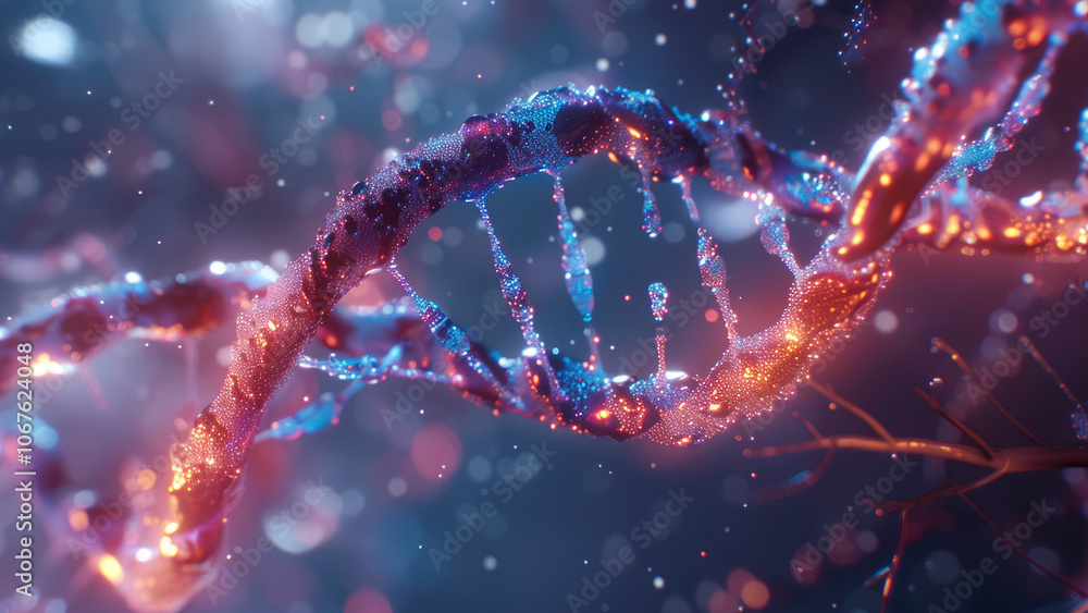 Abstract 3D DNA Strand with Glowing Particles on Dark Background Abstract 3D DNA Strand with Glowing Particles on Dark Background