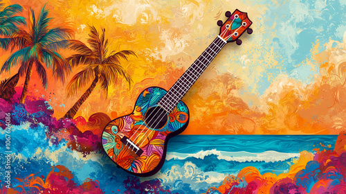 Colorful guitar on tropical beach.