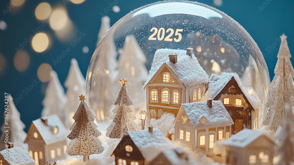 A snow globe featuring a miniature winter village with snow-covered houses and trees, illuminated by warm lights. The inscription 2025 indicates the year A snow globe featuring a miniature winter village with snow-covered houses and trees, illuminated by warm lights. The inscription 2025 indicates the year