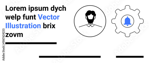 Black and white business profile icon, gray gear with blue notification bell. Lorem ipsum placeholder text. Ideal for corporate, user profiles, notifications, web design, UXUI, tech blogs