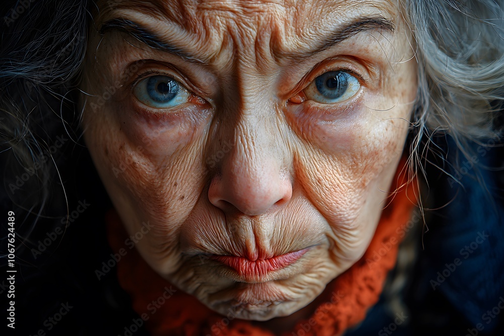 Close-up portrait of an elderly woman with expressive blue eyes and deep wrinkles Close-up portrait of an elderly woman with expressive blue eyes and deep wrinkles