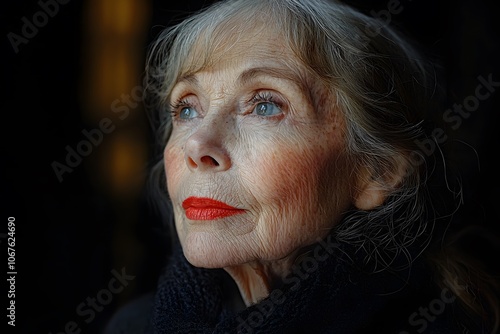 Reflective elderly woman with red lips in natural light portrait photo