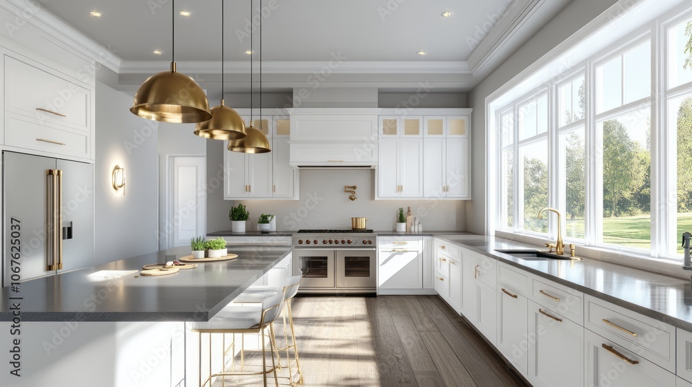 Fototapeta premium Modern Kitchen Interior with White Cabinets and Gold Accents