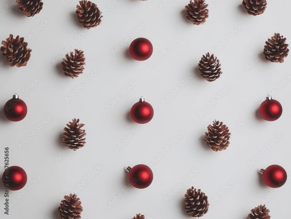 Festive pine cones red ornaments pattern on white background Festive pine cones red ornaments pattern on white background