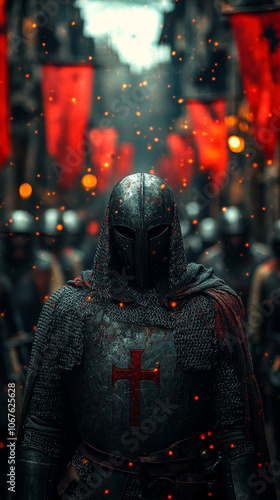 A Knight Templar stands in a bustling medieval courtyard, surrounded by fellow knights and eager squires.