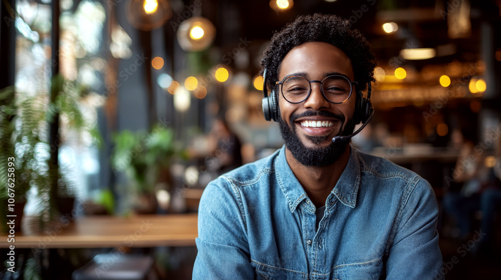 Fototapeta premium Smiling man wearing a headset sits in a cafe with plants and warm lights in the background. Concept of work, communication, and relaxation.