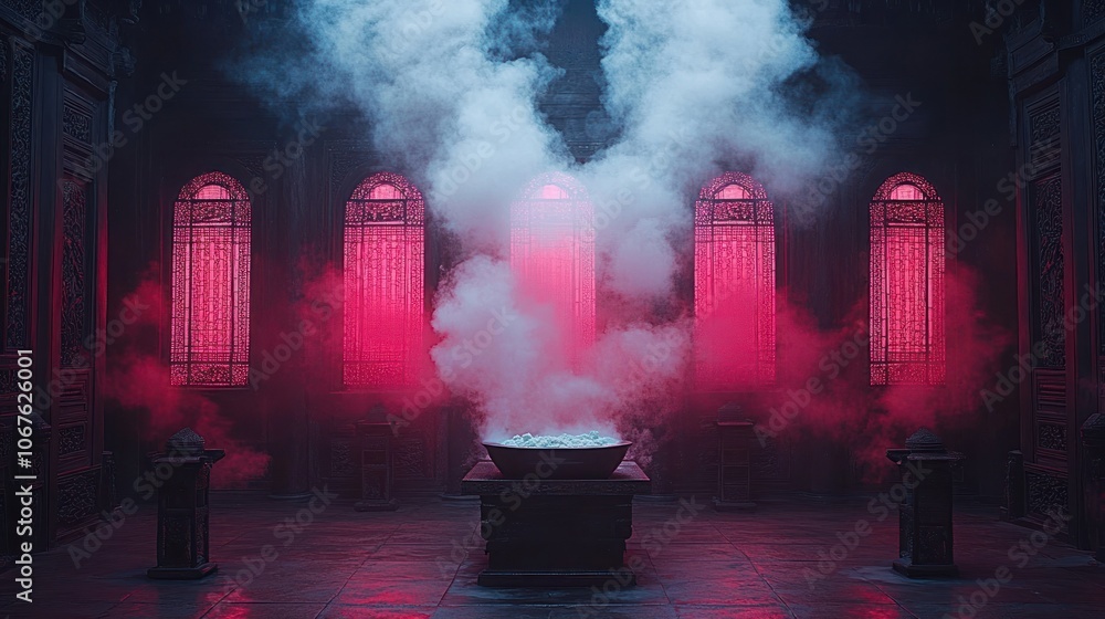 A cauldron sits in the middle of a dark room, surrounded by smoke and glowing windows. A cauldron sits in the middle of a dark room, surrounded by smoke and glowing windows.