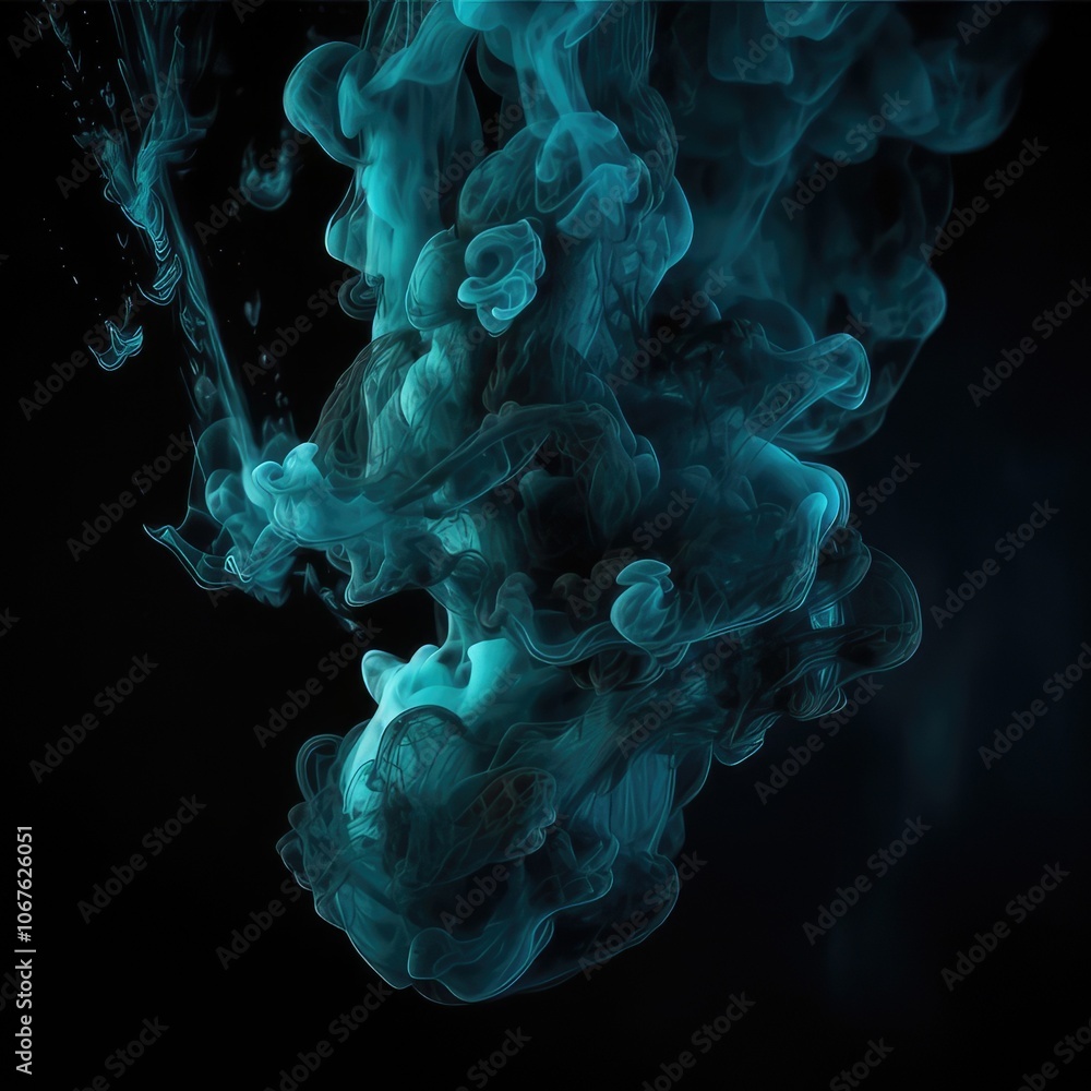 Fototapeta premium Creative abstract blue ink swirling in water against black background, ethereal underwater motion, fluid art concept