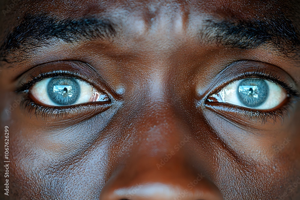 Striking close-up of blue-eyed gaze reflecting the world’s vibrancy and intrigue Striking close-up of blue-eyed gaze reflecting the world’s vibrancy and intrigue