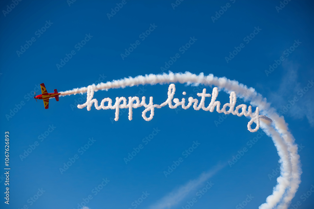 Fototapeta premium Plane writes Happy Birthday with smoke trail in blue sky, adding festive charm