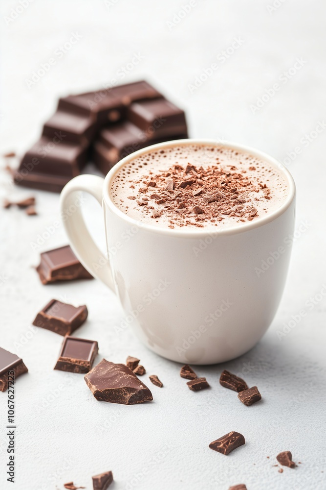 Cup of coffee with milk foam and chocolate bar on white background. Winter drink concept. Image for menu, cafe and social media. Banner with copy space.