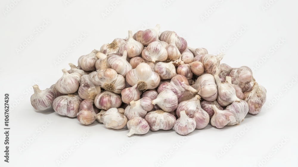 A large pile of garlic cloves reveals their papery skins and purplish hues against a pristine white background, emphasizing their natural beauty and culinary versatility A large pile of garlic cloves reveals their papery skins and purplish hues against a pristine white background, emphasizing their natural beauty and culinary versatility