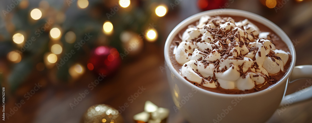 Hot chocolate with whipped cream and sprinkles in white ceramic cup. Winter drink concept. Image for menu, cafe and social media. Banner with copy space. Hot chocolate with whipped cream and sprinkles in white ceramic cup. Winter drink concept. Image for menu, cafe and social media. Banner with copy space.