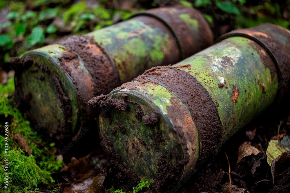Old military canisters covered in moss and dirt in a dense forest setting. Generative AI Old military canisters covered in moss and dirt in a dense forest setting. Generative AI