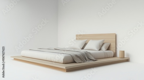 Minimalist bedroom 3D render with platform bed and low-profile design, isolated white background floor plan