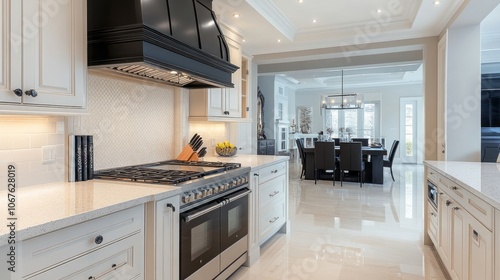 Modern Kitchen with White Cabinets, Black Range Hood, and Stainless Steel Double Oven