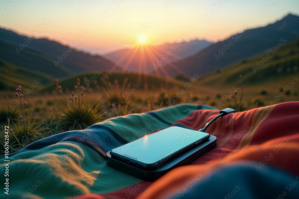 Wireless Charging on the Beach. A smartphone is charging on a wireless charger placed on the sand of a beach. The sea with waves and sunlight reflections can be seen in the background.