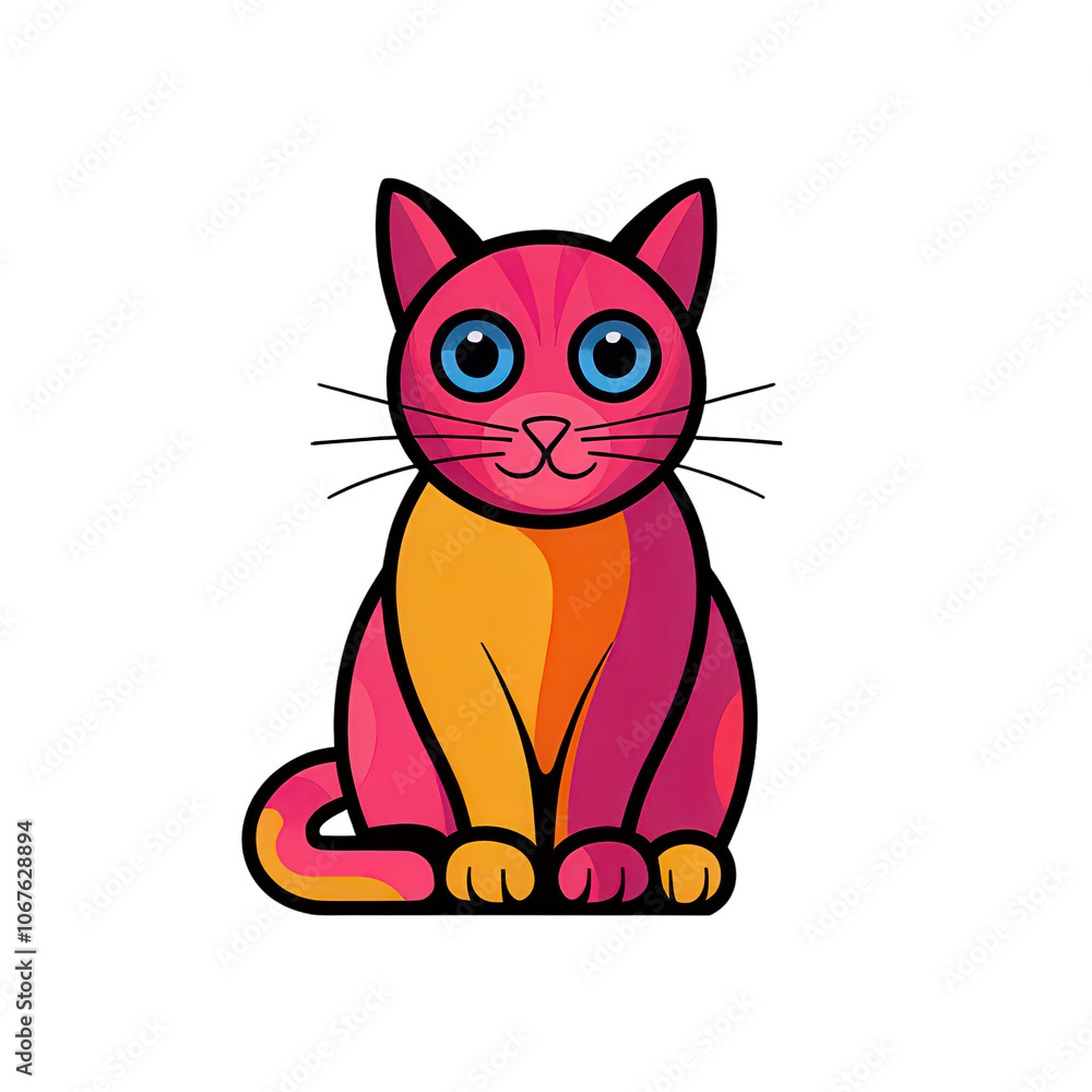 Colorful cartoon cat with blue eyes, sitting in a playful pose on a white isolated background. Colorful cartoon cat with blue eyes, sitting in a playful pose on a white isolated background.