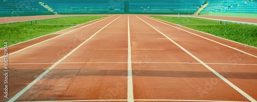 A wide view of an empty athletic track leading into a green stadium, featuring red running lanes and a clear sky.