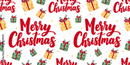 Merry Christmas pattern with festive red lettering, gift boxes, stars on white background. Cute gift surprises - traditional symbols of Christmas holiday. For holiday decor, prints, wrapping paper.