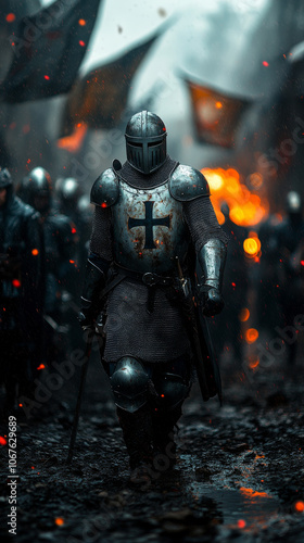 A Knight Templar stands in a bustling medieval courtyard, surrounded by fellow knights and eager squires.