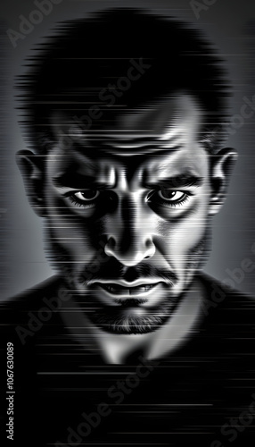 Abstract blurry portrait of a depressed man with mental personality disorders. Black and white with 3D glitch virtual reality effect isolated with white highlights, png