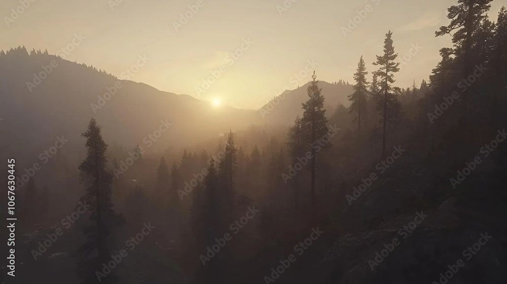 Obraz premium A misty sunrise casts a golden glow over a dense forest, with tall pine trees silhouetted against the distant mountains.