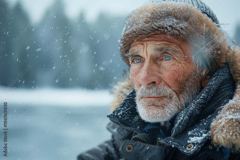 An older man with a fur-lined hood and frosty beard looks out at the snowy scenery, symbolizing resilience in winter. An older man with a fur-lined hood and frosty beard looks out at the snowy scenery, symbolizing resilience in winter.