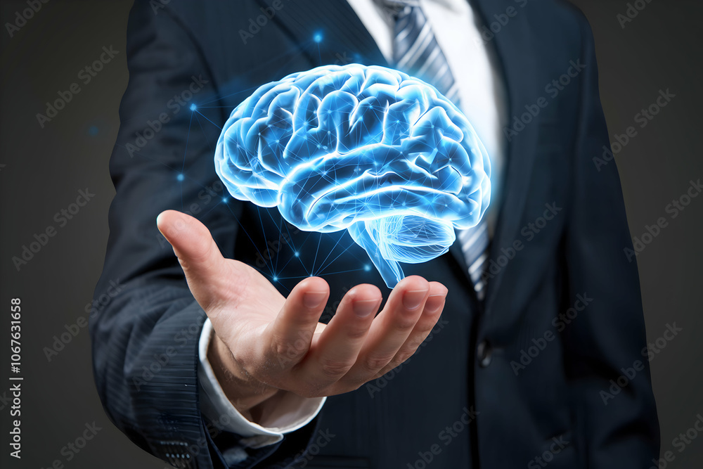 Digital brain above hand emphasizes knowledge and technology intersection Digital brain above hand emphasizes knowledge and technology intersection