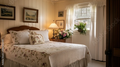 Inviting Guest Room, a cozy space featuring a neatly made bed, fresh flowers, and a warm ambiance, perfect for creating a welcoming atmosphere for visitors