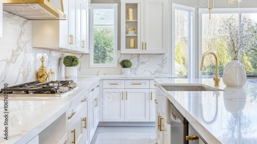 Modern Kitchen with White Cabinets, Marble Countertops, and Gold Accents