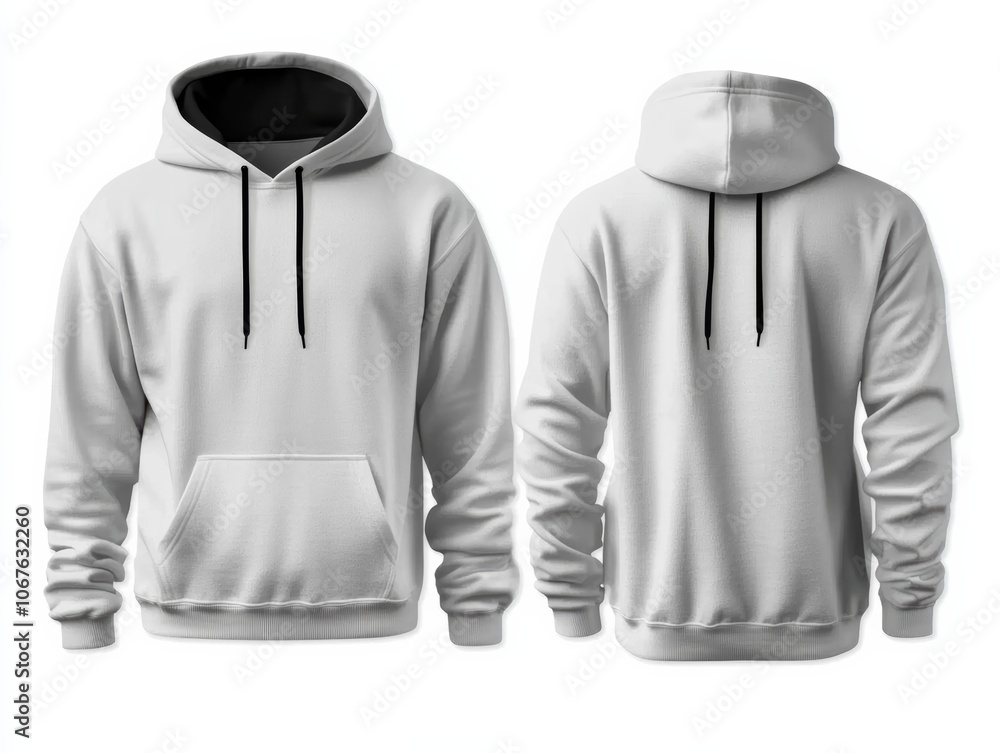 White hoodie mockup template with front and back views, a stock photo with a simple composition, and sharp focus White hoodie mockup template with front and back views, a stock photo with a simple composition, and sharp focus