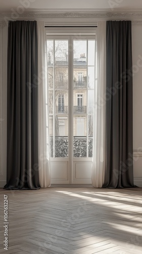 Elegant interior design featuring large windows and patterned wooden floor in a bright room