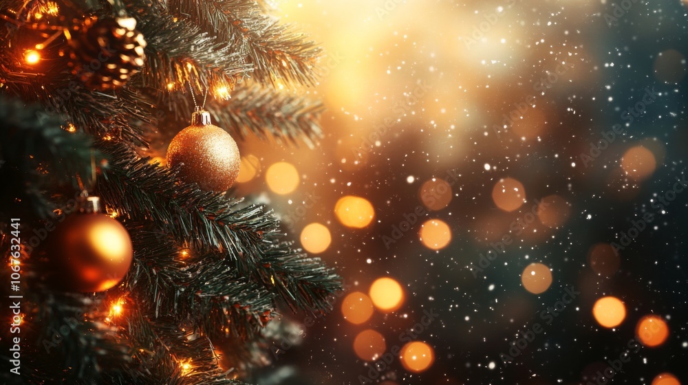 Christmas tree adorned with golden ornaments, surrounded by softly falling snowflakes and a background of glowing bokeh lights. Christmas tree adorned with golden ornaments, surrounded by softly falling snowflakes and a background of glowing bokeh lights.