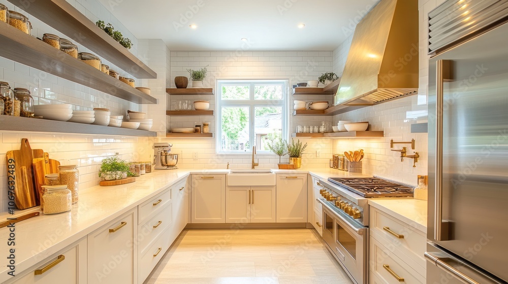 Fototapeta premium Modern Kitchen with White Cabinets, Gold Accents, and Open Shelving