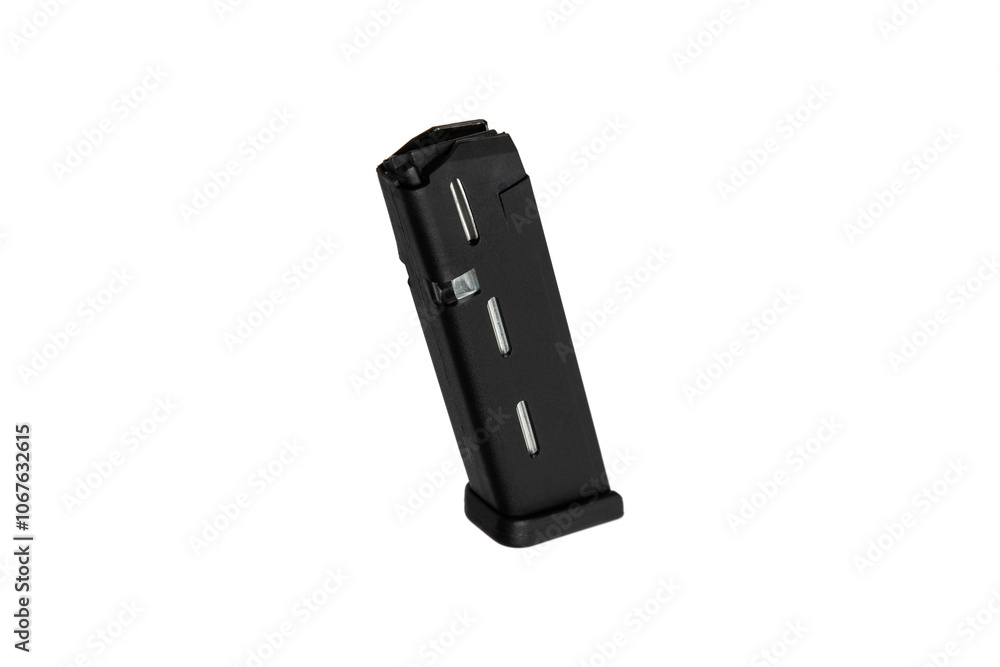 Metal pistol magazine for 9 mm cartridges. Clip for ammunition. Isolate on a white back. Metal pistol magazine for 9 mm cartridges. Clip for ammunition. Isolate on a white back.