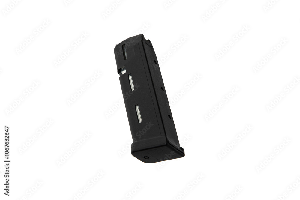 Metal pistol magazine for 9 mm cartridges. Clip for ammunition. Isolate on a white back. Metal pistol magazine for 9 mm cartridges. Clip for ammunition. Isolate on a white back.