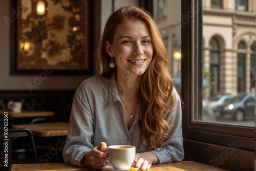 Smiling Young Woman Enjoying Coffee in a Cozy Cafe