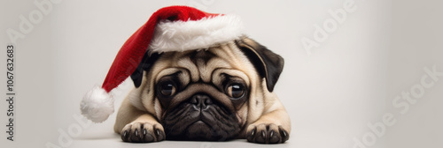 Cute pug wearing a Santa hat, lying down on a white surface with a festive expression