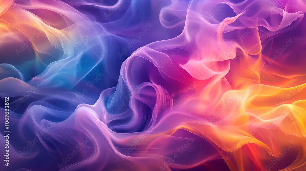 Abstract Multicolored Smoke Filling a 3D Space, Flowing in Organic Swirls of Purple, Blue, Pink, and Yellow, Creating a Dreamlike, Ethereal Atmosphere with Dynamic Movement and Soft Lighting Abstract Multicolored Smoke Filling a 3D Space, Flowing in Organic Swirls of Purple, Blue, Pink, and Yellow, Creating a Dreamlike, Ethereal Atmosphere with Dynamic Movement and Soft Lighting