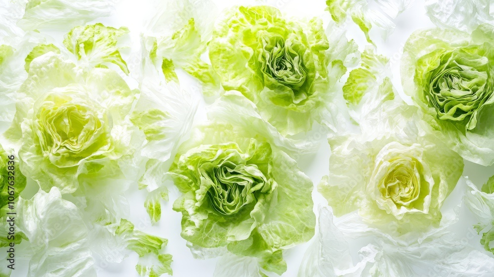 Obraz premium This vibrant display showcases fresh iceberg lettuce, emphasizing its crisp texture and bright green layers against a clean white background, ideal for salads and garnishes