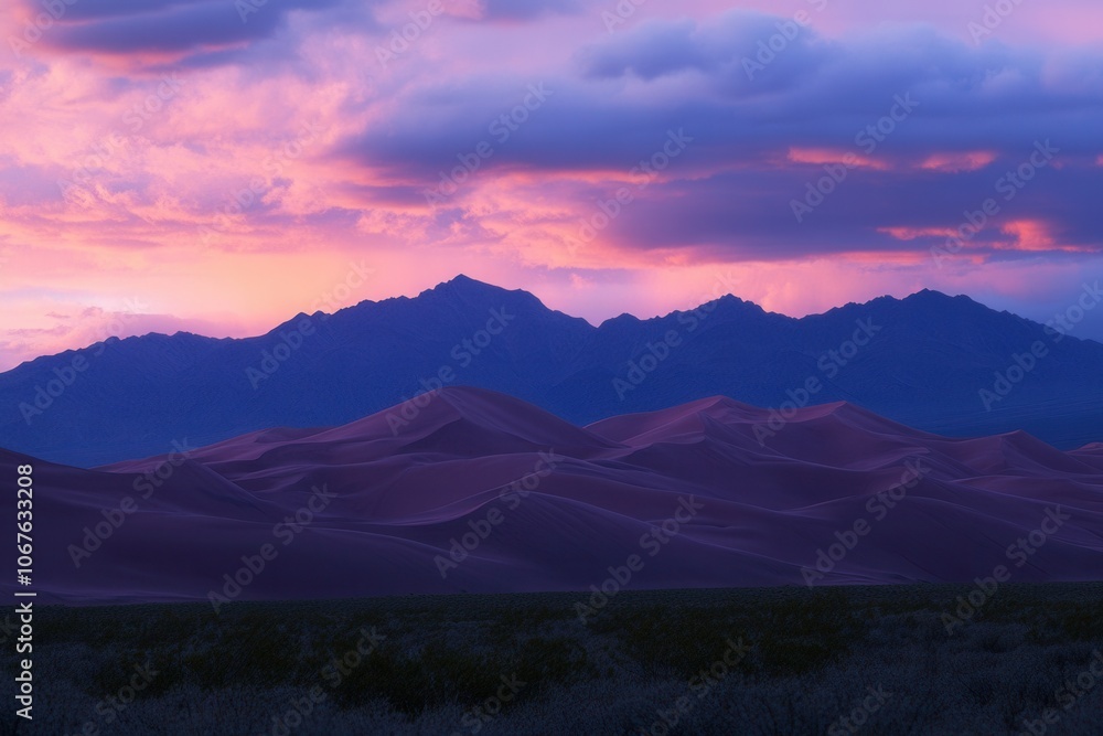 Twilight hues tranquil desert dunes distant mountains Twilight hues tranquil desert dunes distant mountains