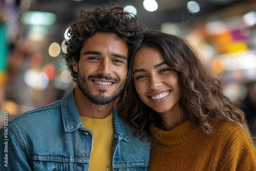 A joyful couple poses together indoors at a market during a casual afternoon in autumn