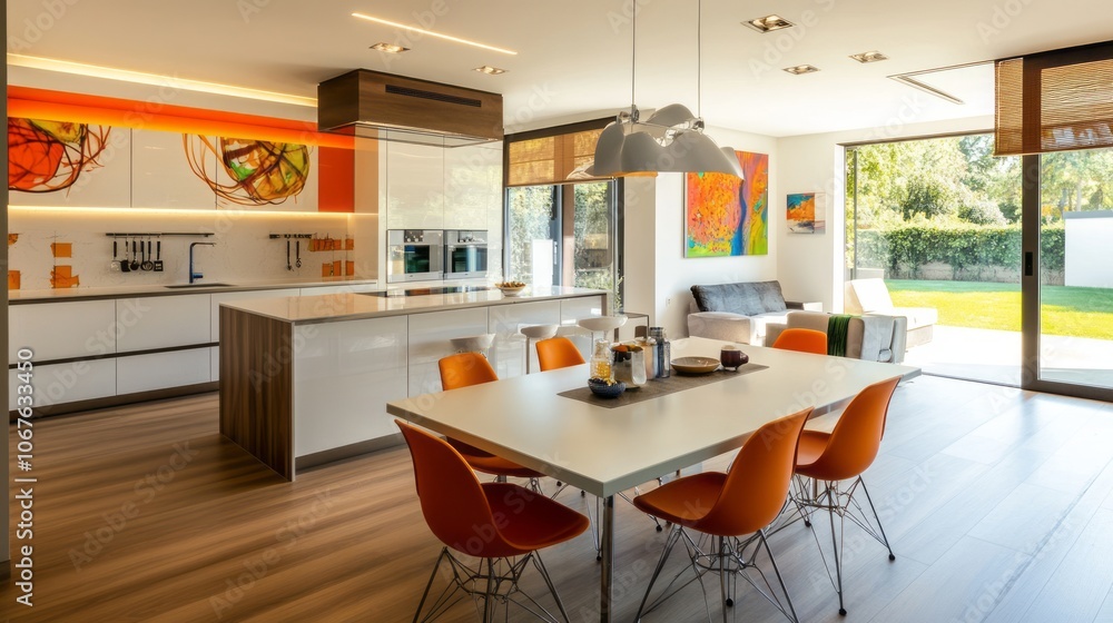 Modern Kitchen and Dining Area with White Cabinets and Orange Chairs Modern Kitchen and Dining Area with White Cabinets and Orange Chairs