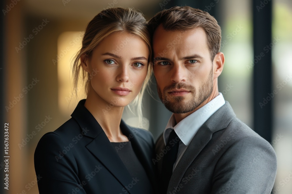 Elegant couple posing confidently in formal attire at a modern indoor space Elegant couple posing confidently in formal attire at a modern indoor space