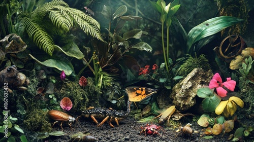 A jungle floor teeming with life, featuring a scorpion, beetles, a butterfly, and other insects. photo