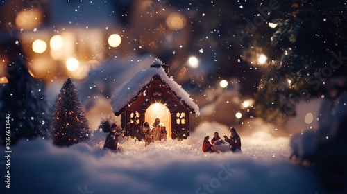 Nativity Scene in Snow, a serene outdoor winter landscape showcasing a traditional nativity set, gently covered by a light dusting of snow, evoking a peaceful holiday spirit photo